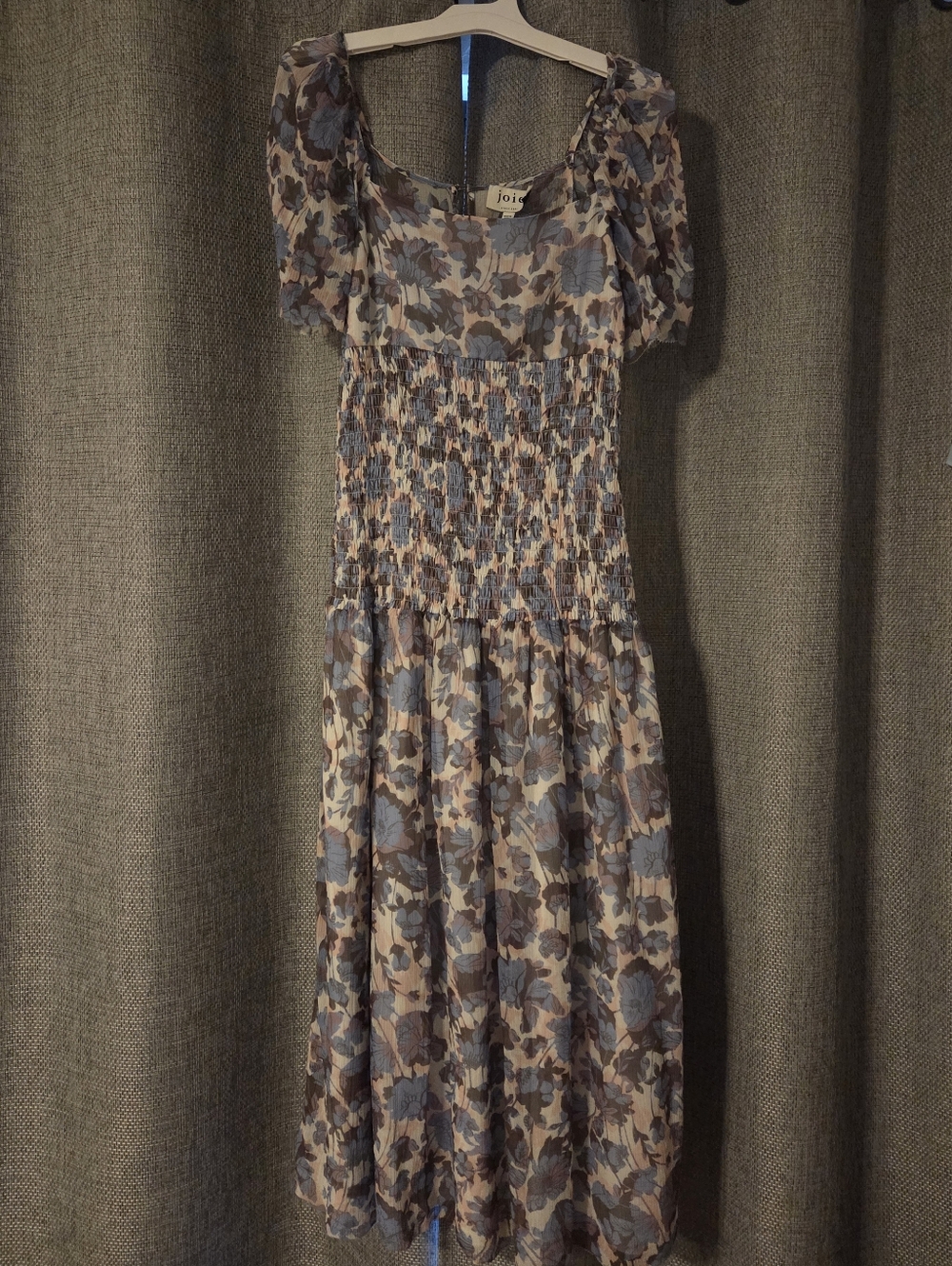 Joie Blue and Cream Floral Smocked Midi Dress